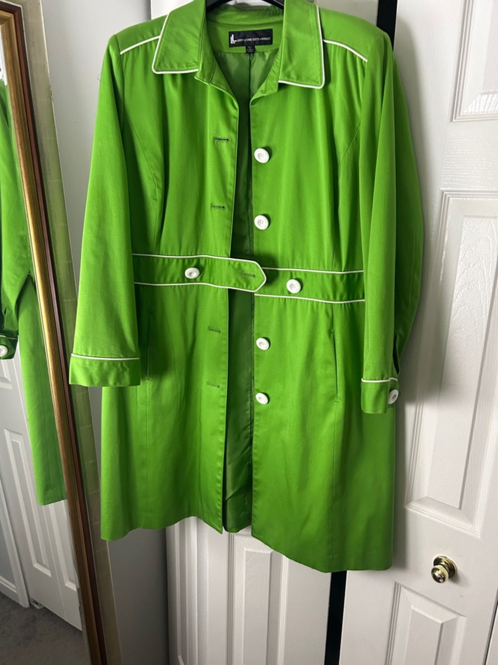 Larry Levine Bright Green Pea Coat with White Piping